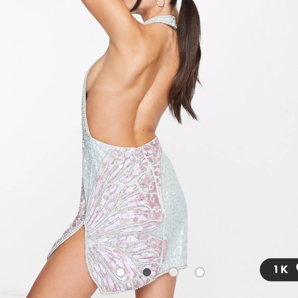 ASOS Design Blue Green Butterfly Pearl Sequin Beaded Halter Mini Dress Size 10 - Picture 4 of 9